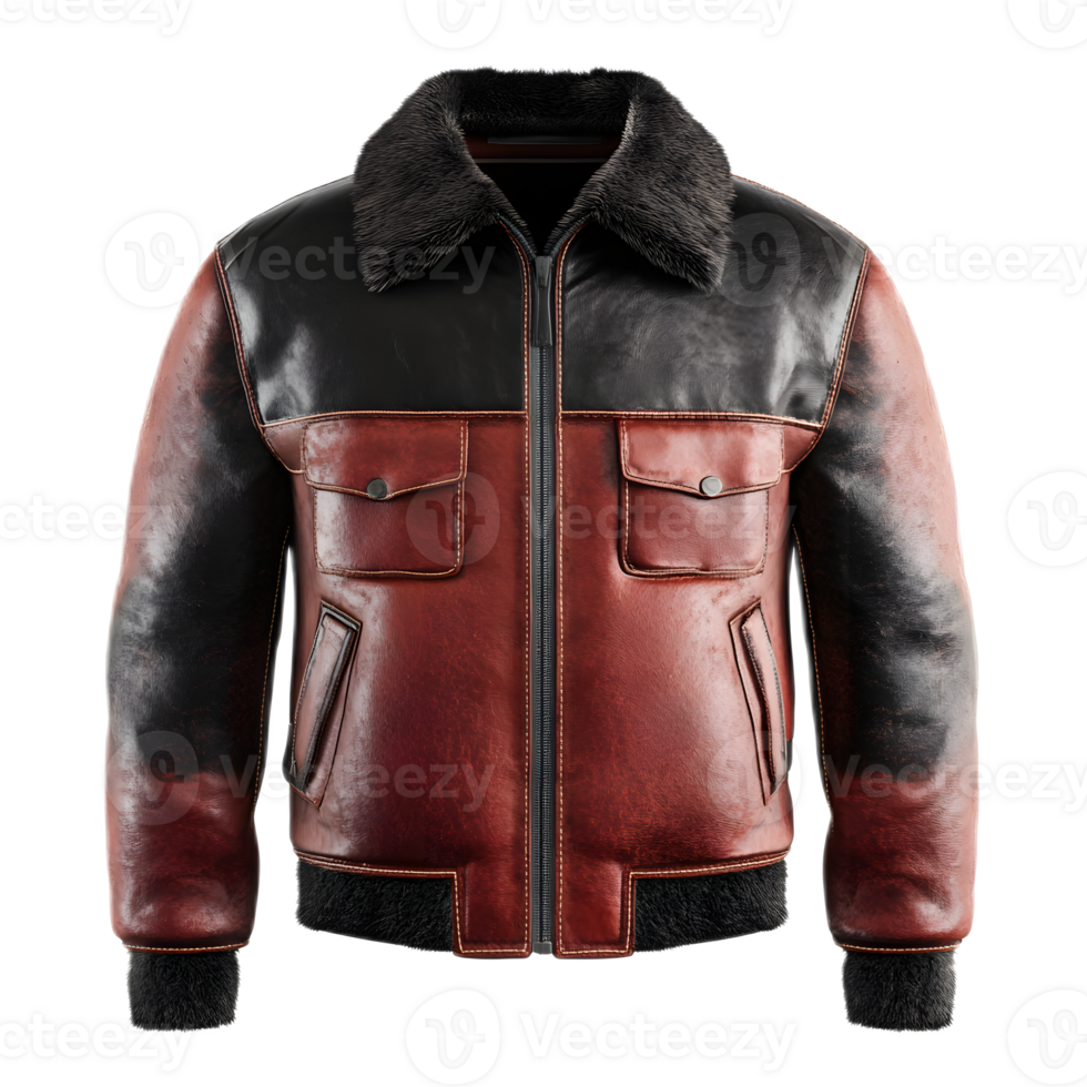 Vintage Leather Jacket with Red and Brown Tones Featuring Zipper Closures Pockets and Textured Surface for Versatile and Stylish Outerwear png