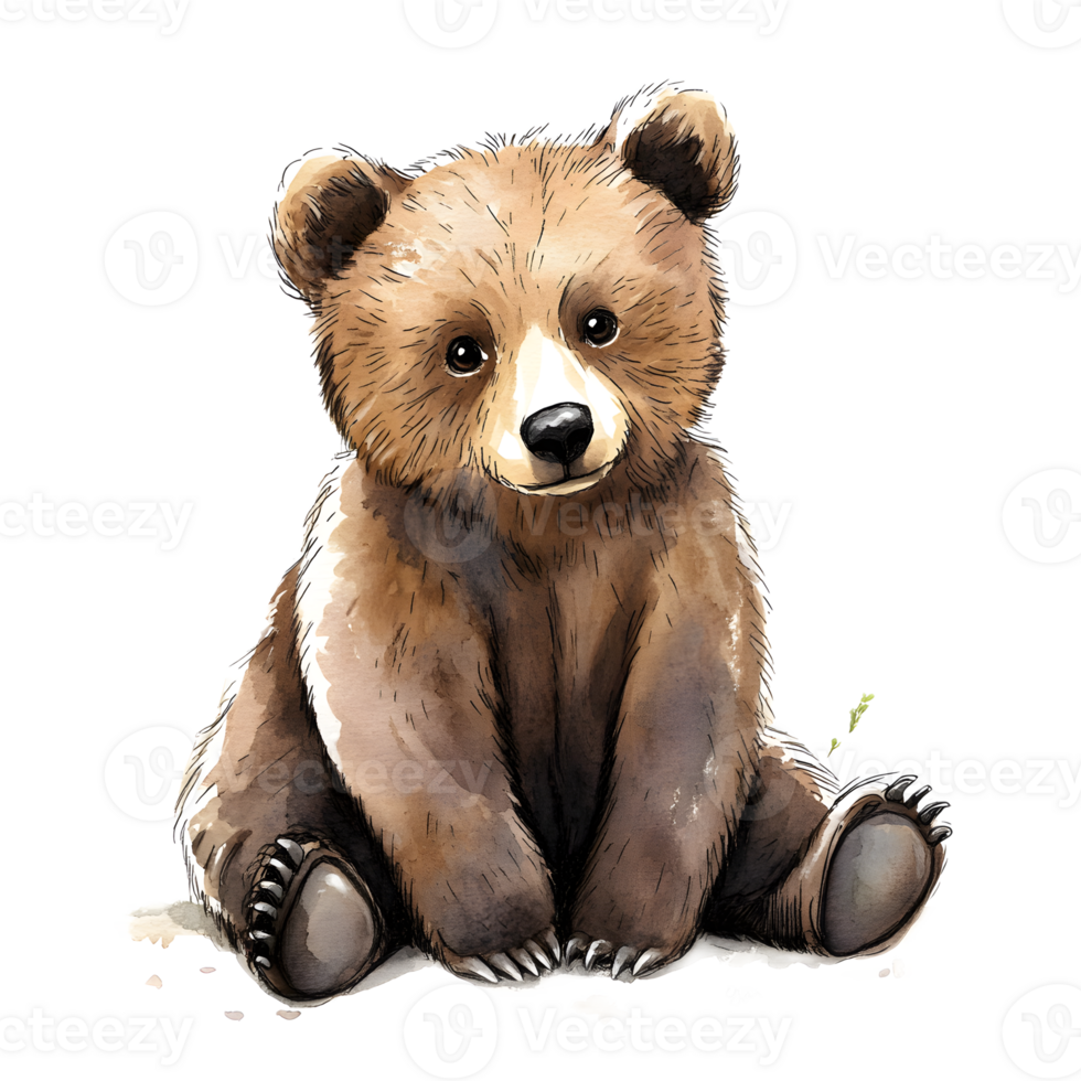 Adorable Fluffy Brown Bear Cub Sitting in Peaceful Natural Environment png