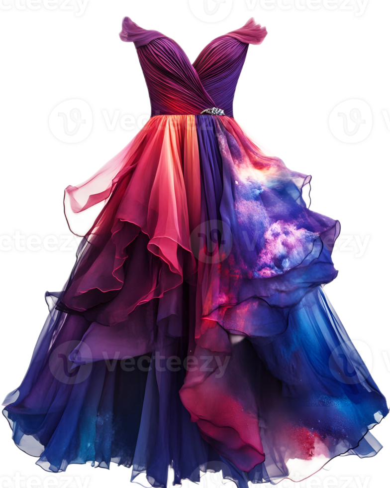 Vibrant and Dramatic Layered Gown in Vivid Hues of Red Purple and Blue png