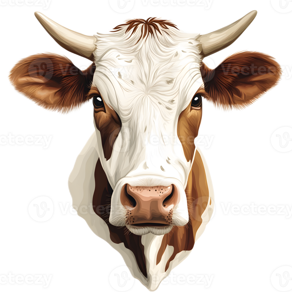 Close up portrait of a white and brown cow with horns in a rural farm setting png
