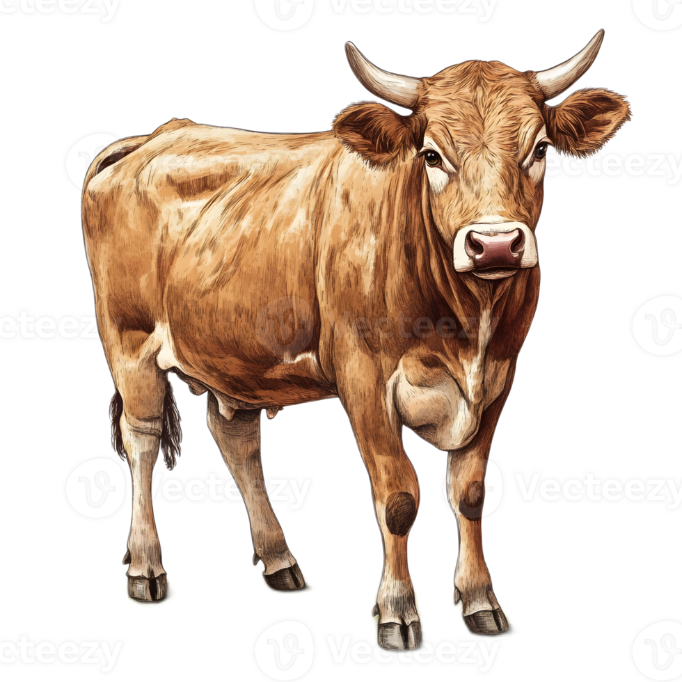 Majestic Brown Cow Standing in Rustic Countryside Landscape png