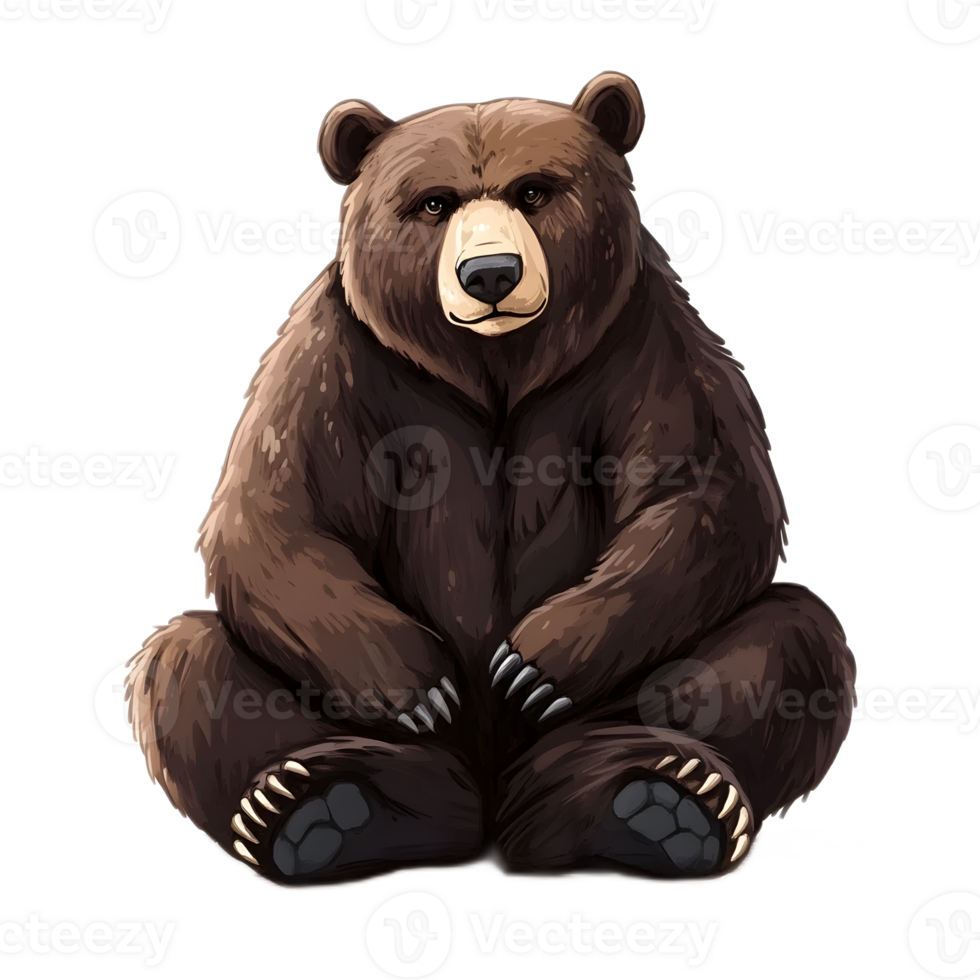 Thoughtful brown bear sitting in natural forest environment looking ahead with focused attention png