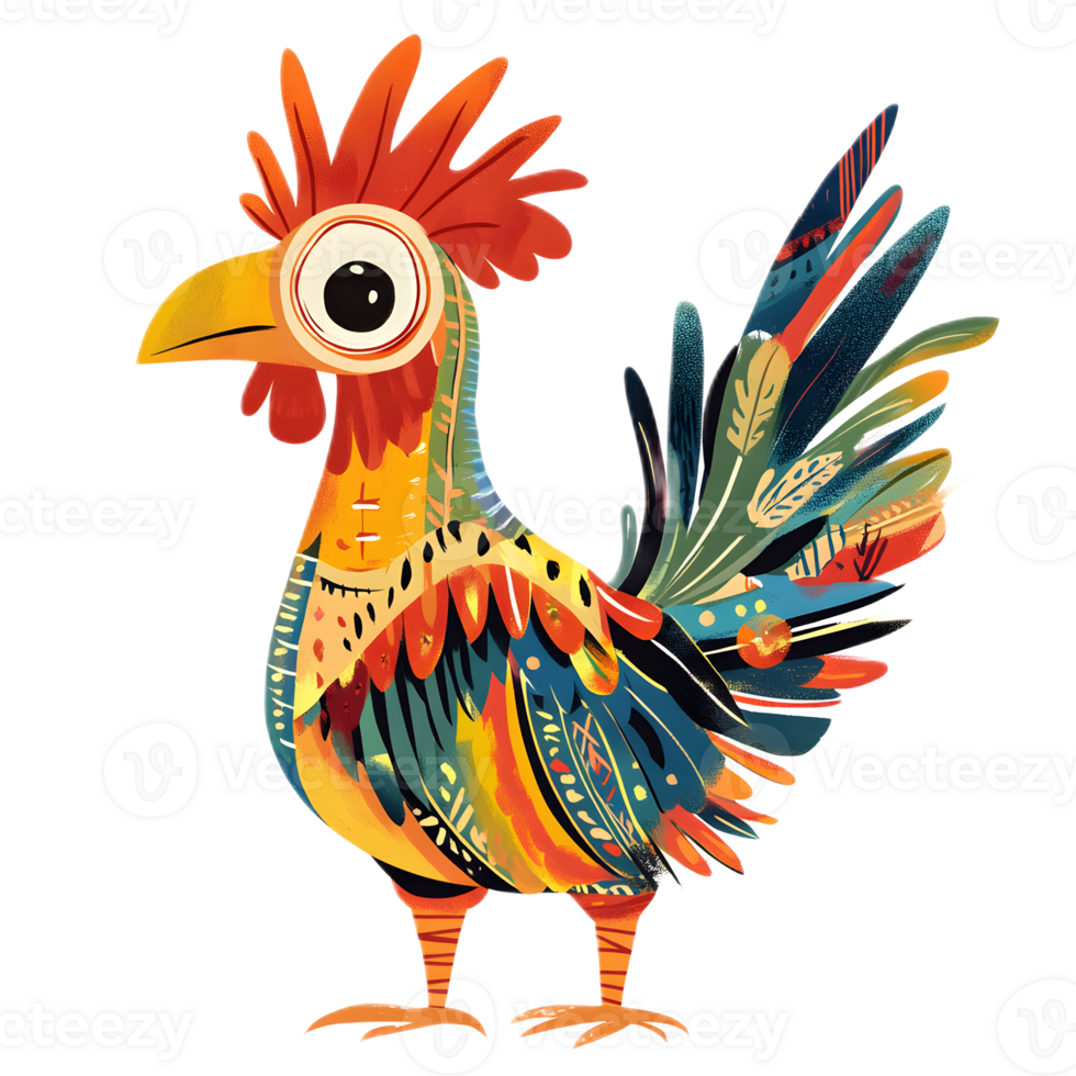 Vibrant and Whimsical of a Colorful Rooster with Intricate Feather Patterns and a Playful Surreal Design png