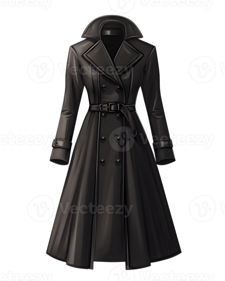 Elegant Black Leather Belted Overcoat with Double Breasted Design for Sophisticated Winter Fashion png