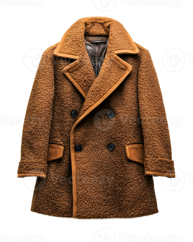 Cozy Brown Shearling Coat with Double Breasted Design and Lapel Collar png