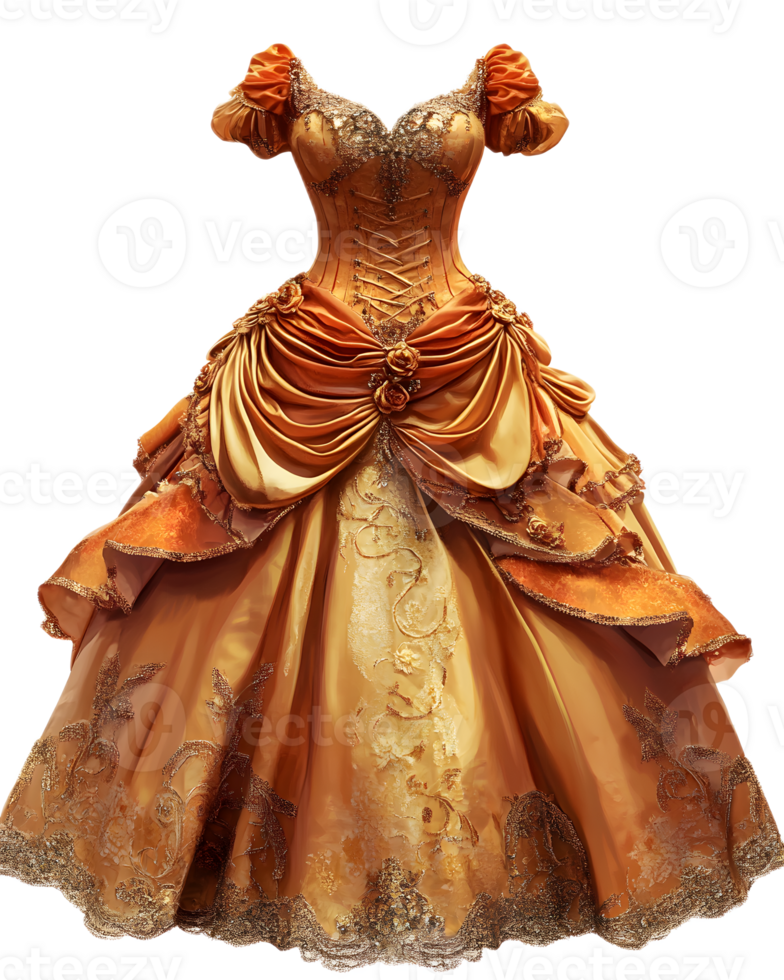 Exquisite Baroque style Gown with Elaborate Embellishments and Ornate Details in Regal Shades of Gold png