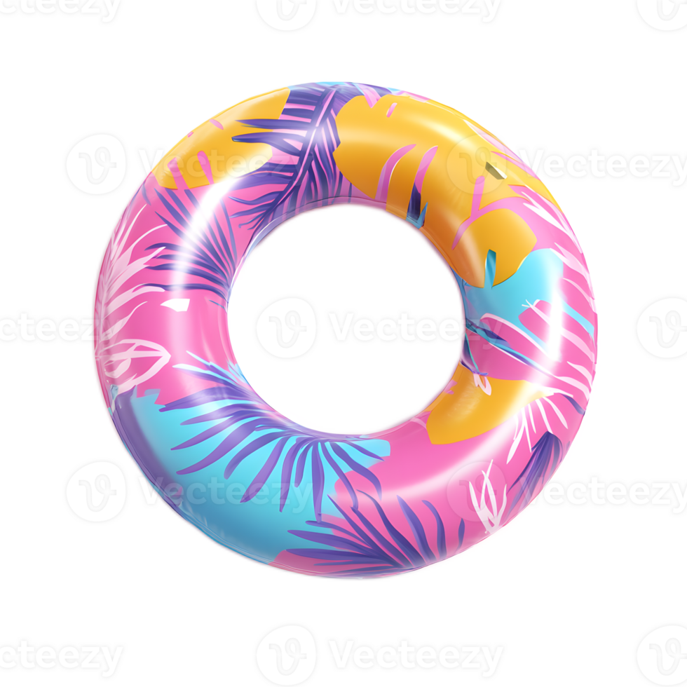 Vibrant Inflatable Floating Ring with Tropical Leaf Pattern for Summer Vacation and Beach Fun png