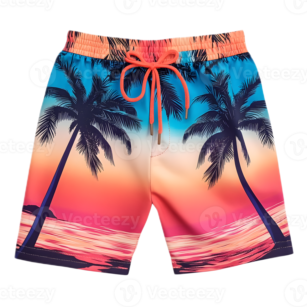 Vibrant Tropical Beach Shorts with Palm Tree Sunset Landscape png