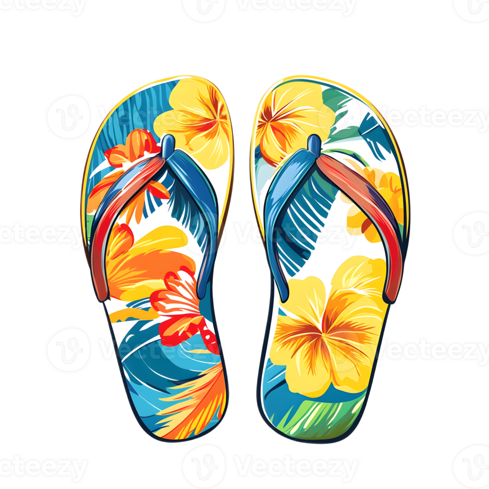 Vibrant tropical flip flops with colorful floral and leaf pattern on beach vacation or holiday background png