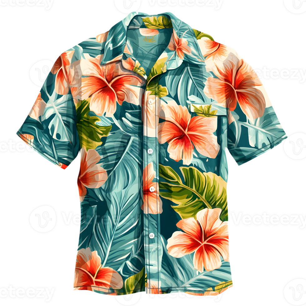 Vibrant Tropical Hibiscus Floral Pattern Adorning a Stylish Hawaiian Shirt for Summer Vacation and Beach Getaways png
