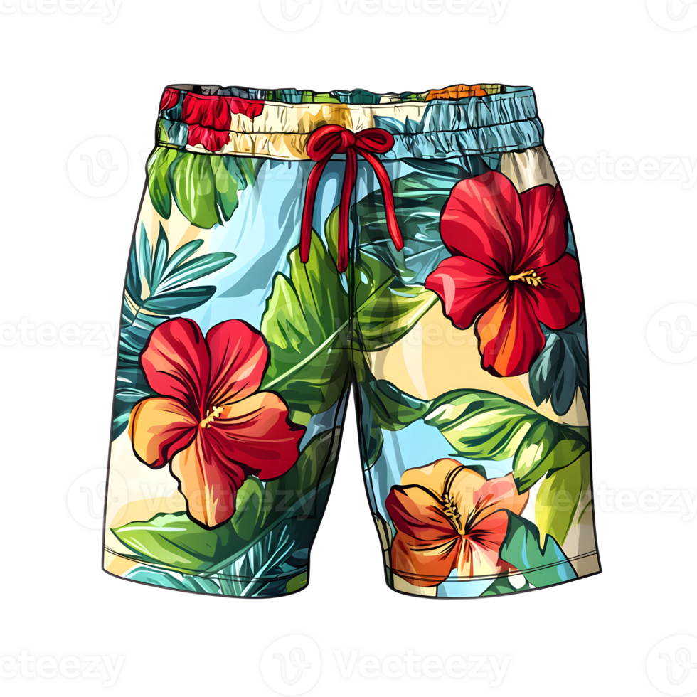 Vibrant Tropical Floral Patterns on Summer Shorts for Vacation and Relaxation png
