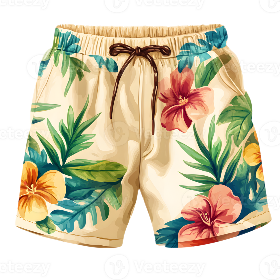 Colorful Tropical Print Summer Shorts with Floral Botanical Pattern png
