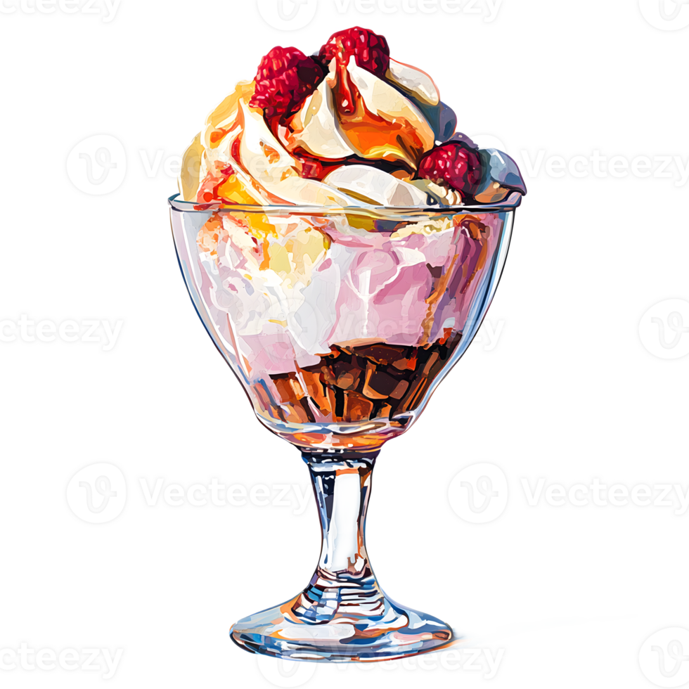 Tempting Summer Ice Cream Sundae Filled with Colorful Fruits and Creamy Whipped Topping png