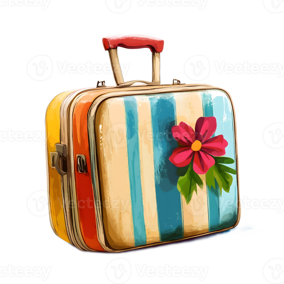 Vibrant Retro Styled Suitcase with Tropical Floral Pattern for Summer Travel and Vacation png