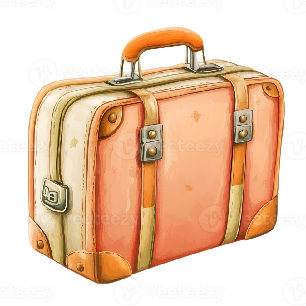 Retro Vintage Leather Suitcase with Orange Handle for Summer Travel and Adventure png