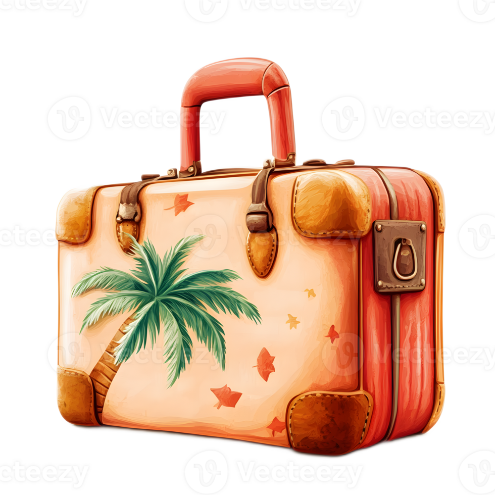 Vibrant Tropical Suitcase with Palm Tree Design for Warm Weather Getaways png