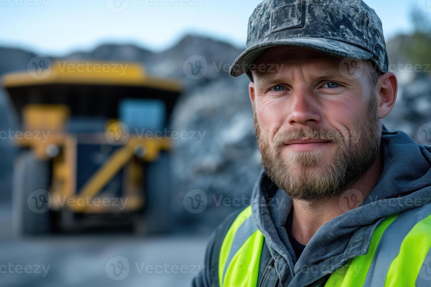 Portrait of a male miner standing in front of a mining truck photo