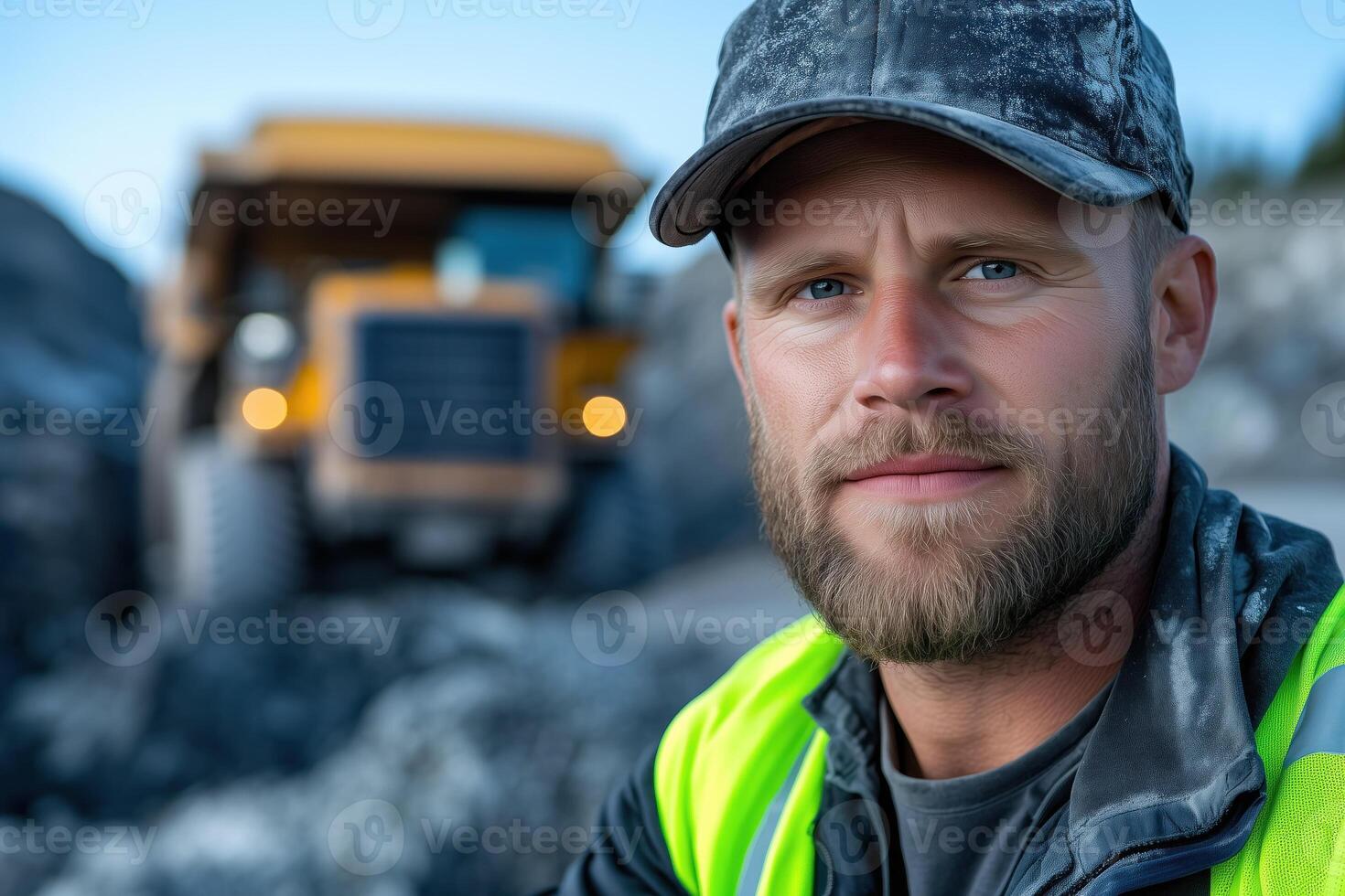 Portrait of a male driver in front of a quarry haul truck photo