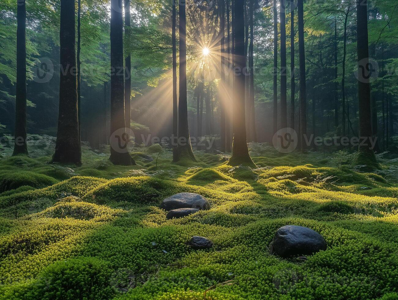 Mossy forest in the morning with sun rays shining through the trees photo