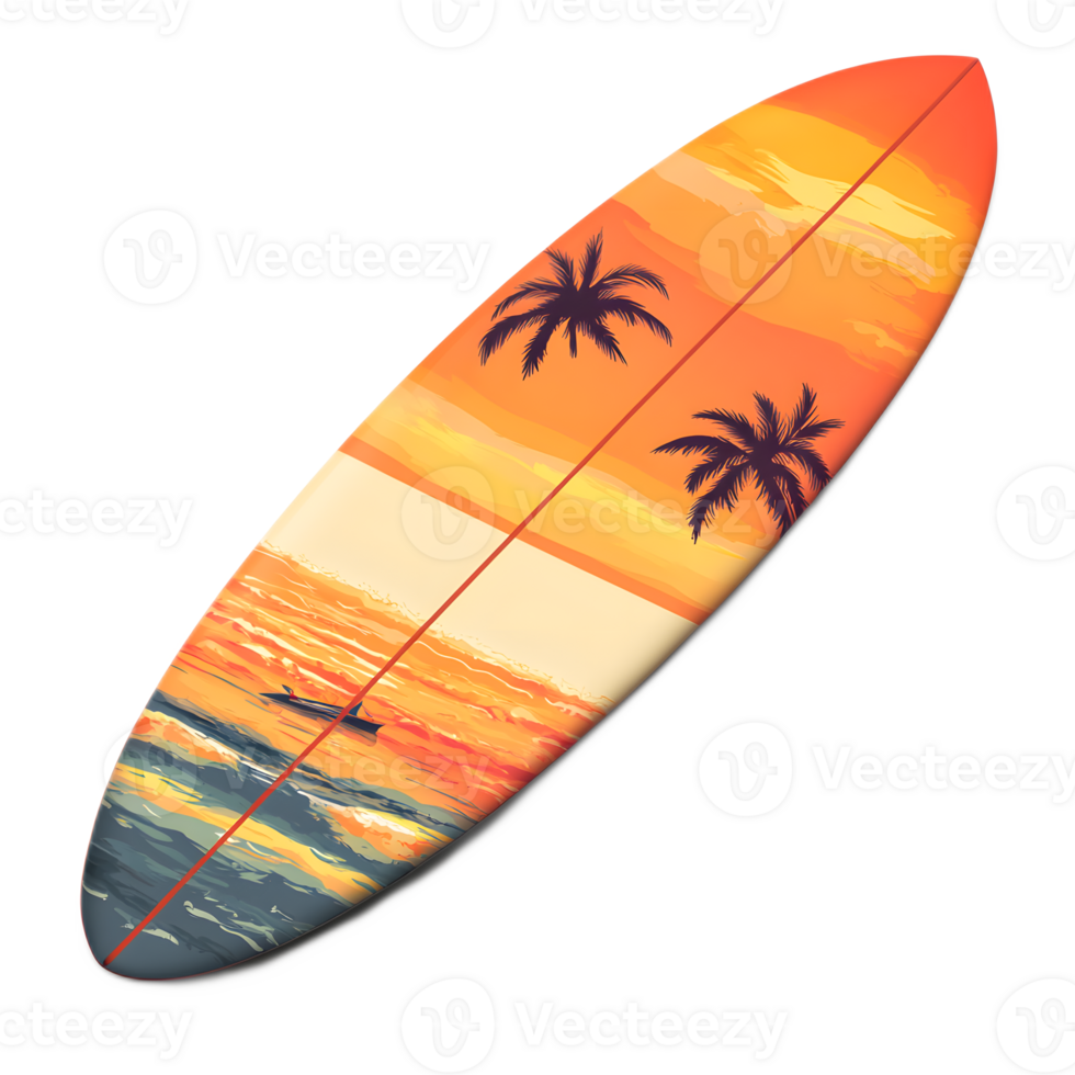 Vibrant Tropical Sunset Surfboard Silhouette Overlooking Tranquil Ocean Waves and Palm Trees png