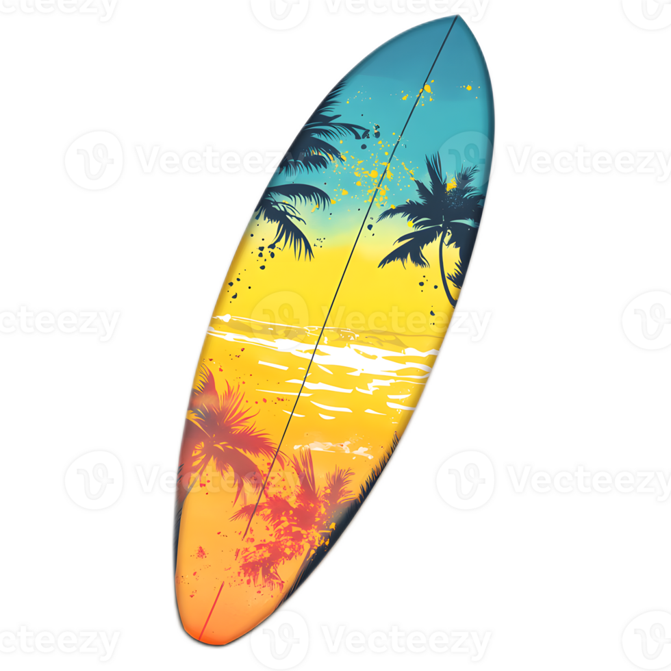 Vibrant Tropical Surfboard with Palm Trees and Sunset png