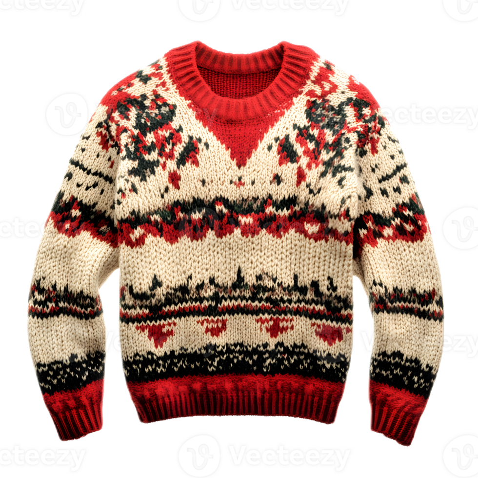 Cozy and Stylish Nordic Patterned Wool Sweater in Red and White for the Festive Holiday Season png