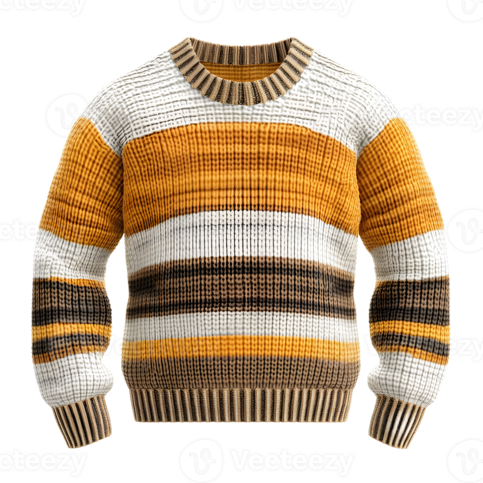 Cozy and Stylish Knitted Striped Sweater in Warm Autumn Colors png