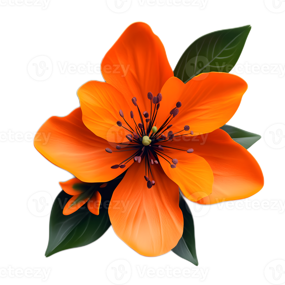 Vibrant Orange Blossom Flower with Green Leaves in Closeup View png