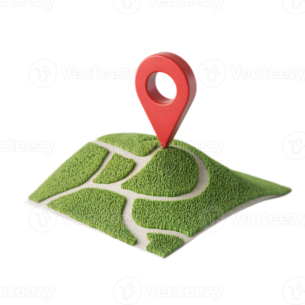 3D Red Location Pin Pointer on Minimalist Green Map Landscape for Navigation and Wayfinding png