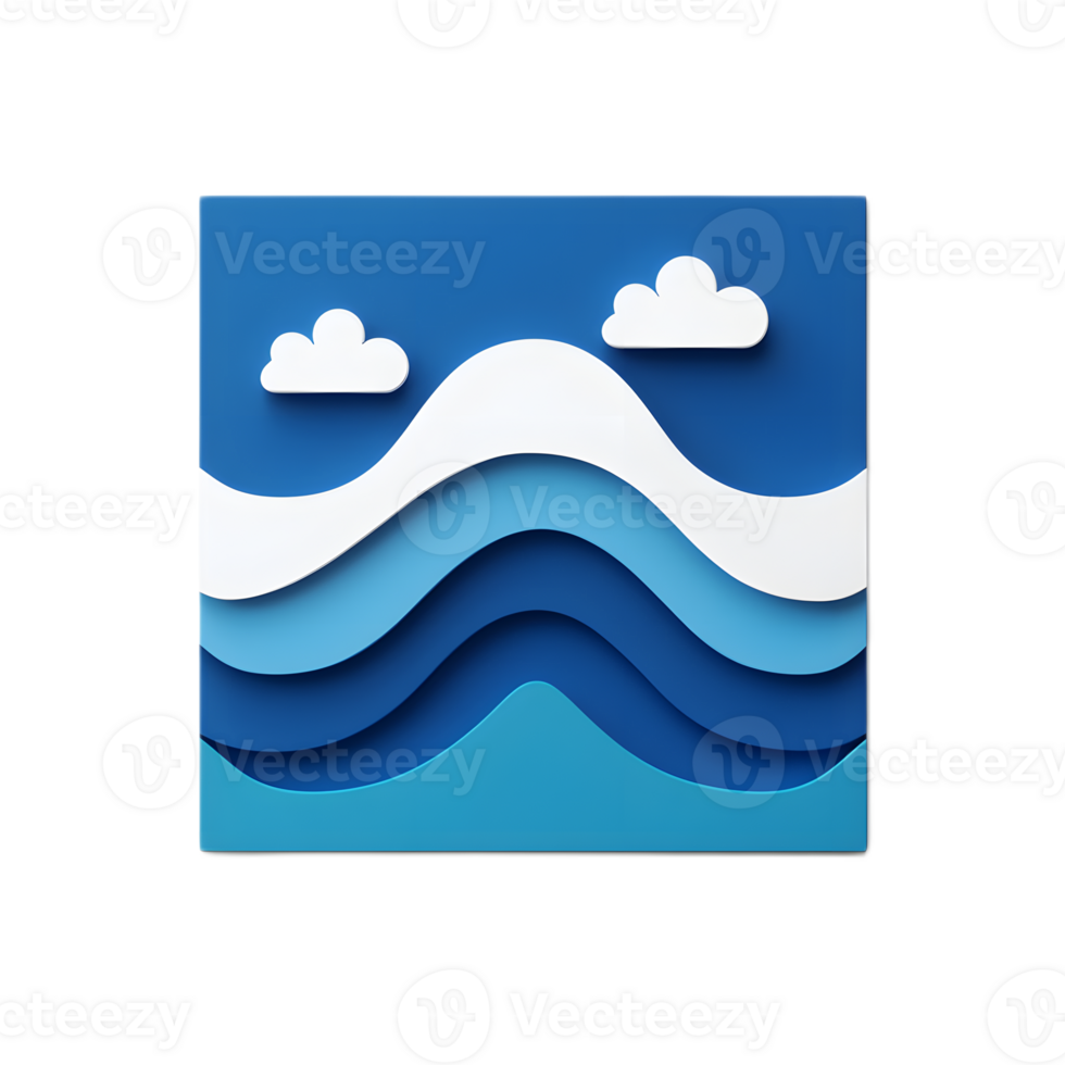 Minimalist Blue 3D Ocean Wave Icon with Clouds in Paper Art Style png