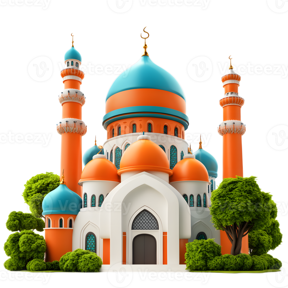 Stunning Ornate 3D Mosque with Intricate Domes and Minarets Surrounded by Lush Greenery png