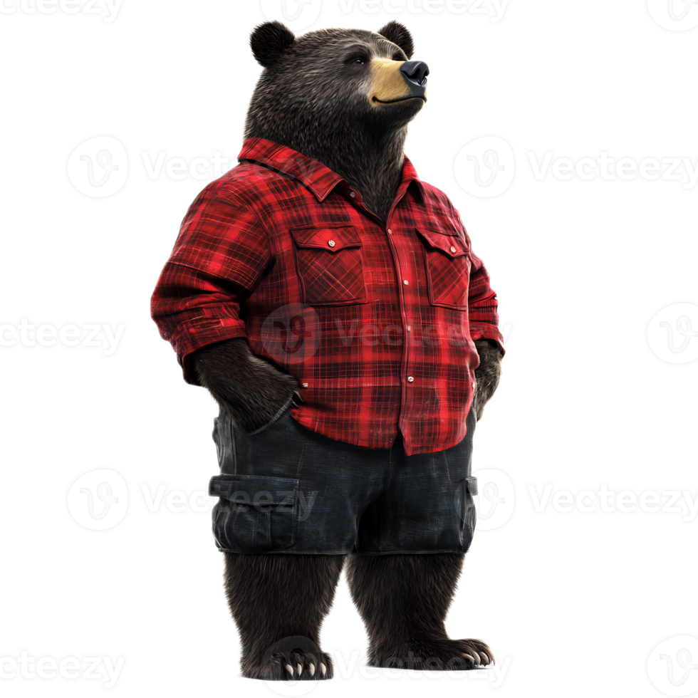 Anthropomorphic Bear Wearing Red Lumberjack Plaid Shirt in Outdoor Nature Scene png