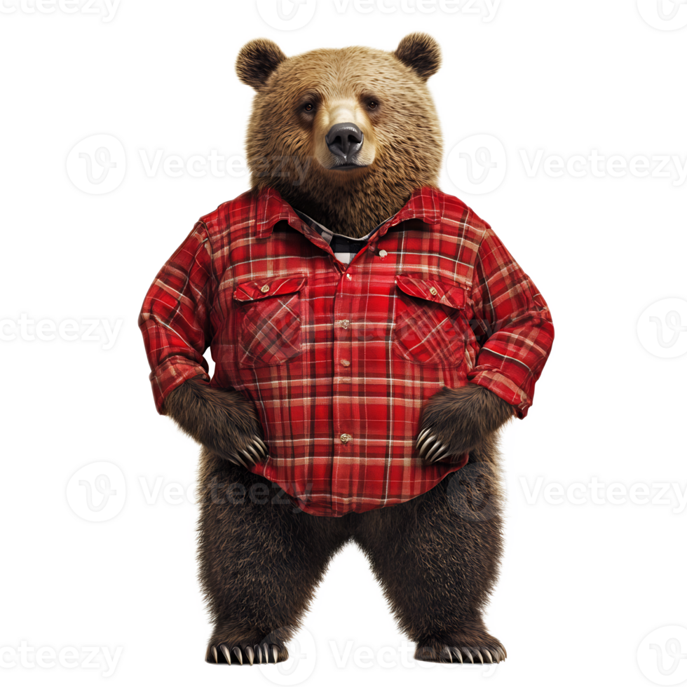 Anthropomorphic Bear Wearing Red Lumberjack Plaid Shirt on White Background png