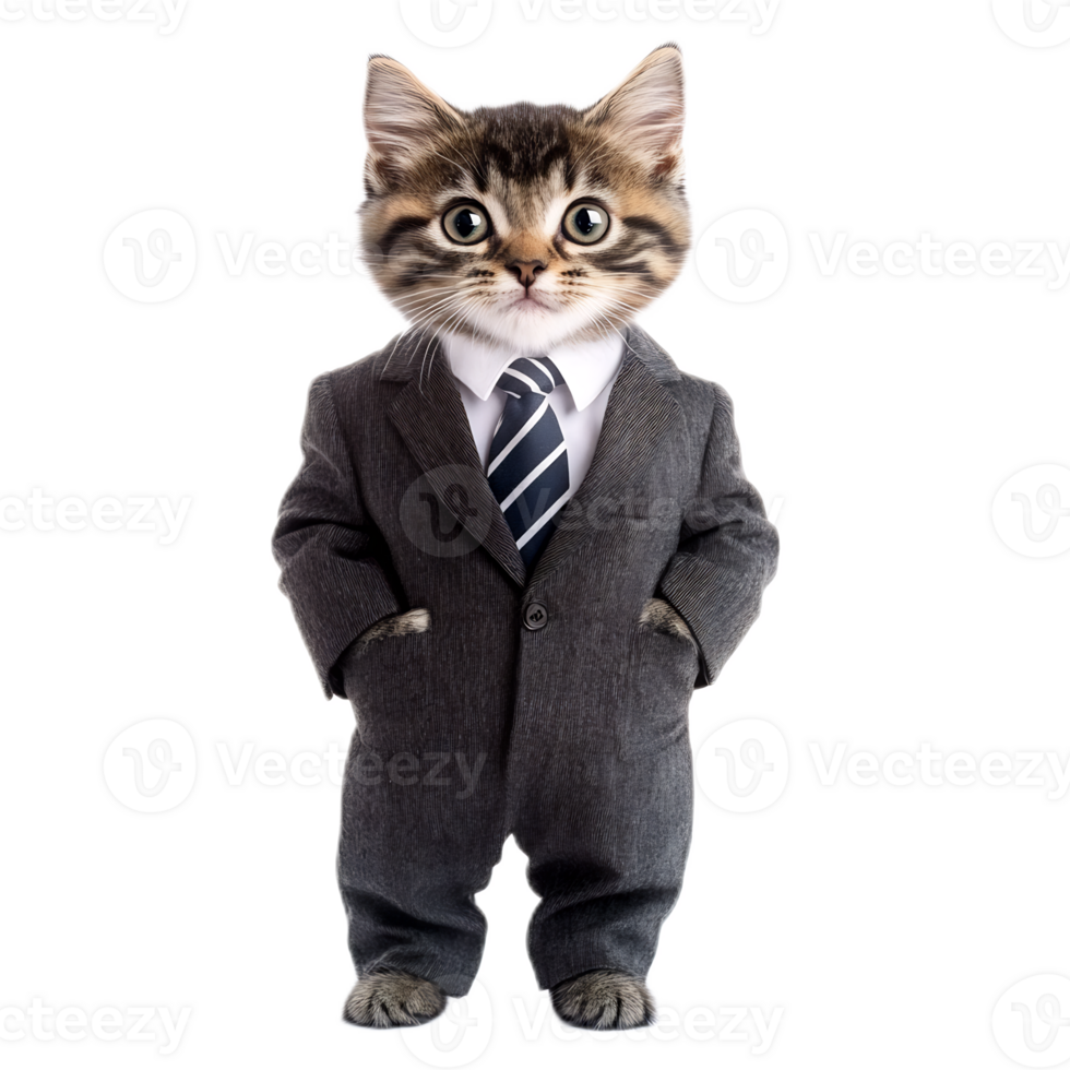 Adorable Cat Dressed in Formal Business Suit Standing Isolated on White Background png