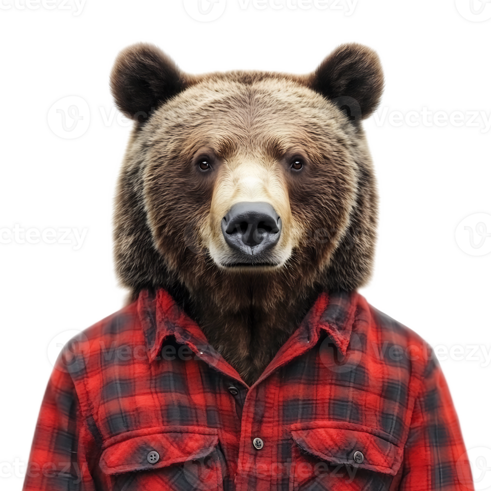 Anthropomorphic Bear in Red Lumberjack Shirt Facing Forward png