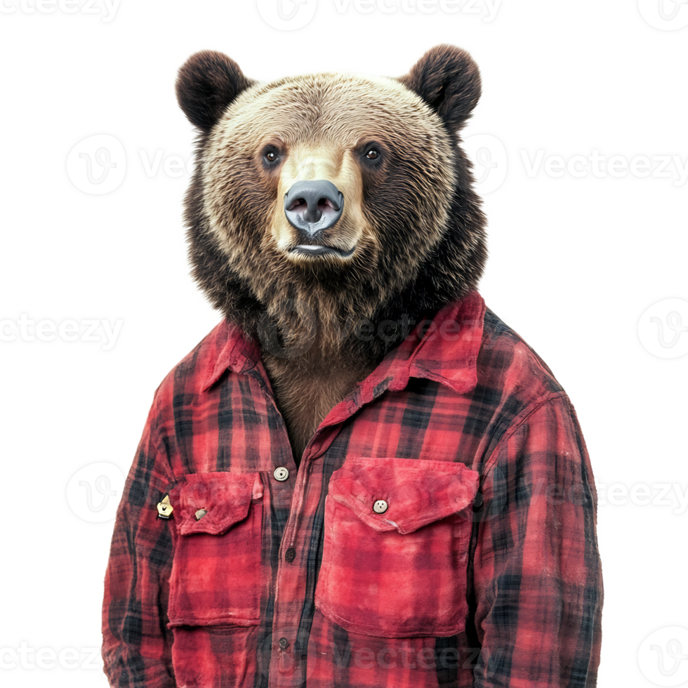 Anthropomorphic Bear Wearing Red Lumberjack Shirt on White Background png