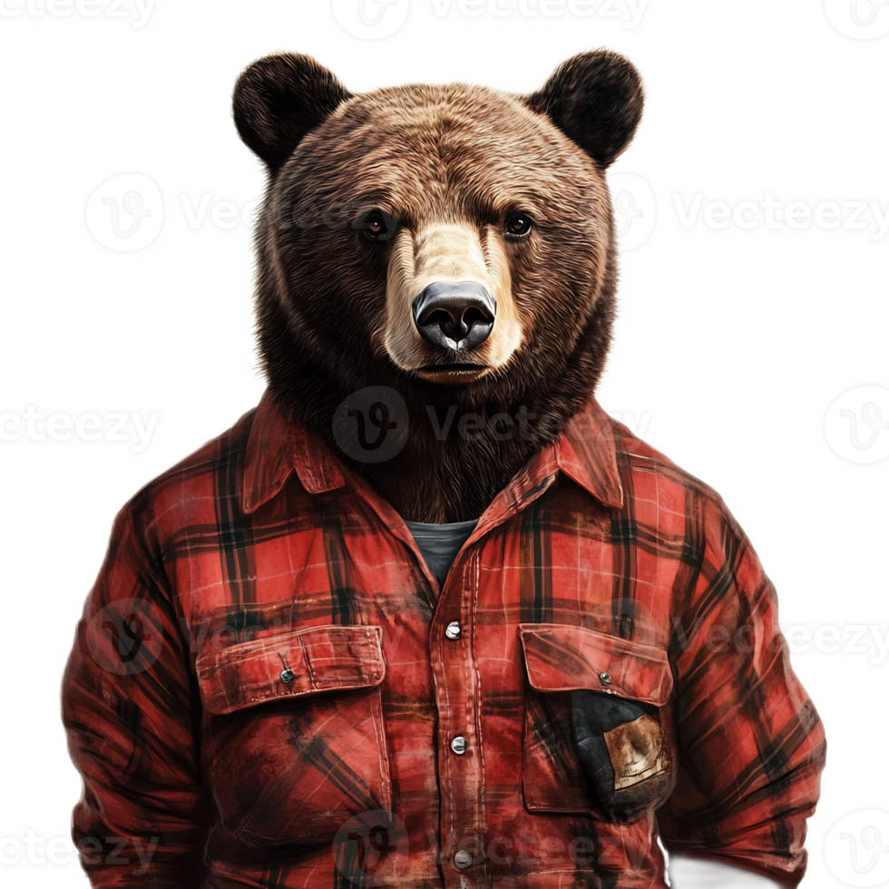 Anthropomorphic Lumberjack Bear in Plaid Red Shirt Portrait png