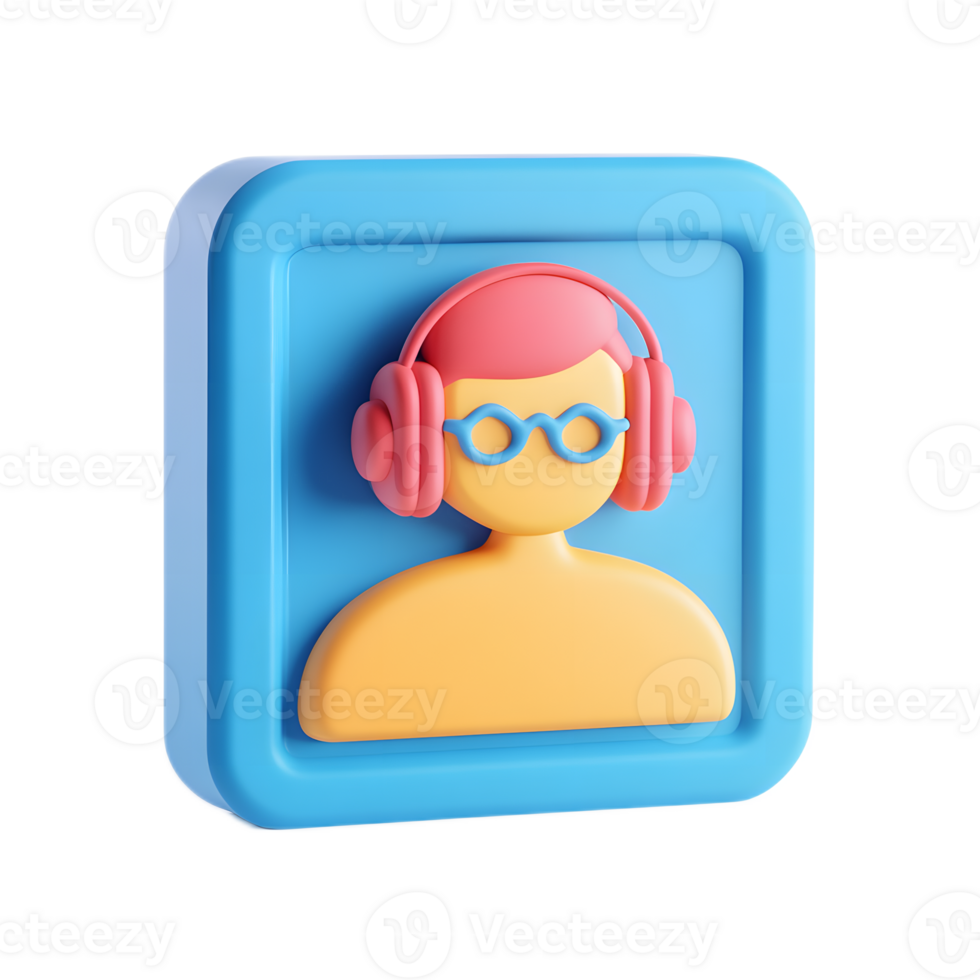Stylized 3D Cartoon Character with Headphones and Glasses in Minimalist Frame Icon for Webinar or Online Learning png