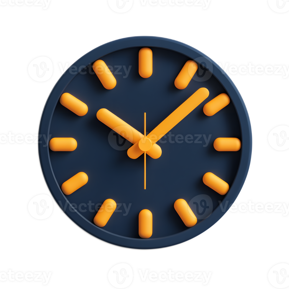 Vibrant 3D Wall Clock with Minimal Yellow Digits on Navy Blue Surface png