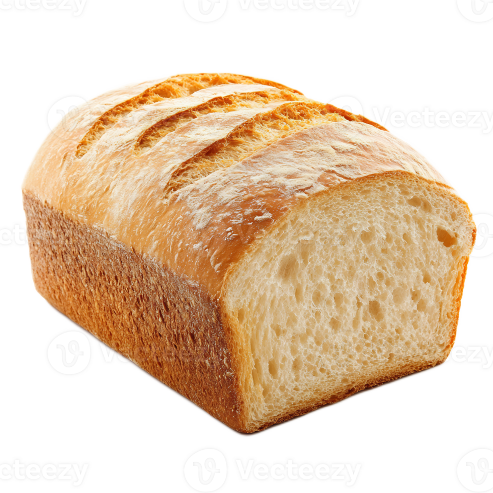 A close-up of a freshly baked rustic loaf of bread with a crispy golden crust and sliced texture on a white background png
