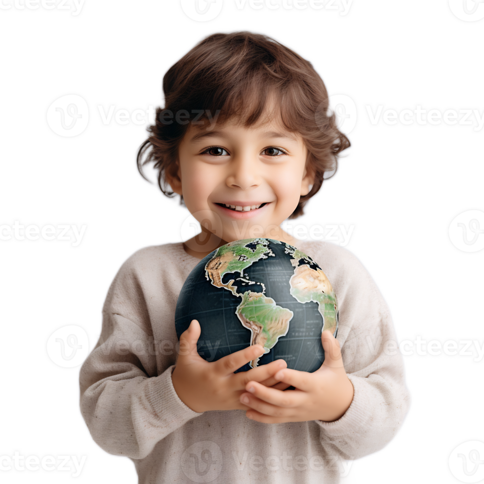 A Young Boy Hugging and Protecting the Earth Globe in His Hands png