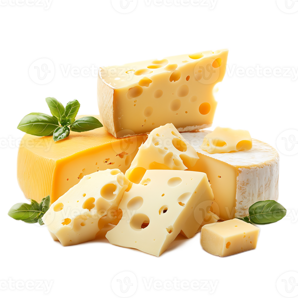 Assortment of Delicious Gourmet Cheese Wedges and Blocks on Plain Background png
