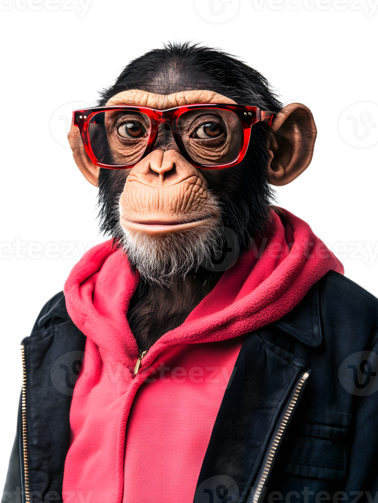 Stylish Chimpanzee in Vibrant Red Attire Posing Playfully in Studio Setting png