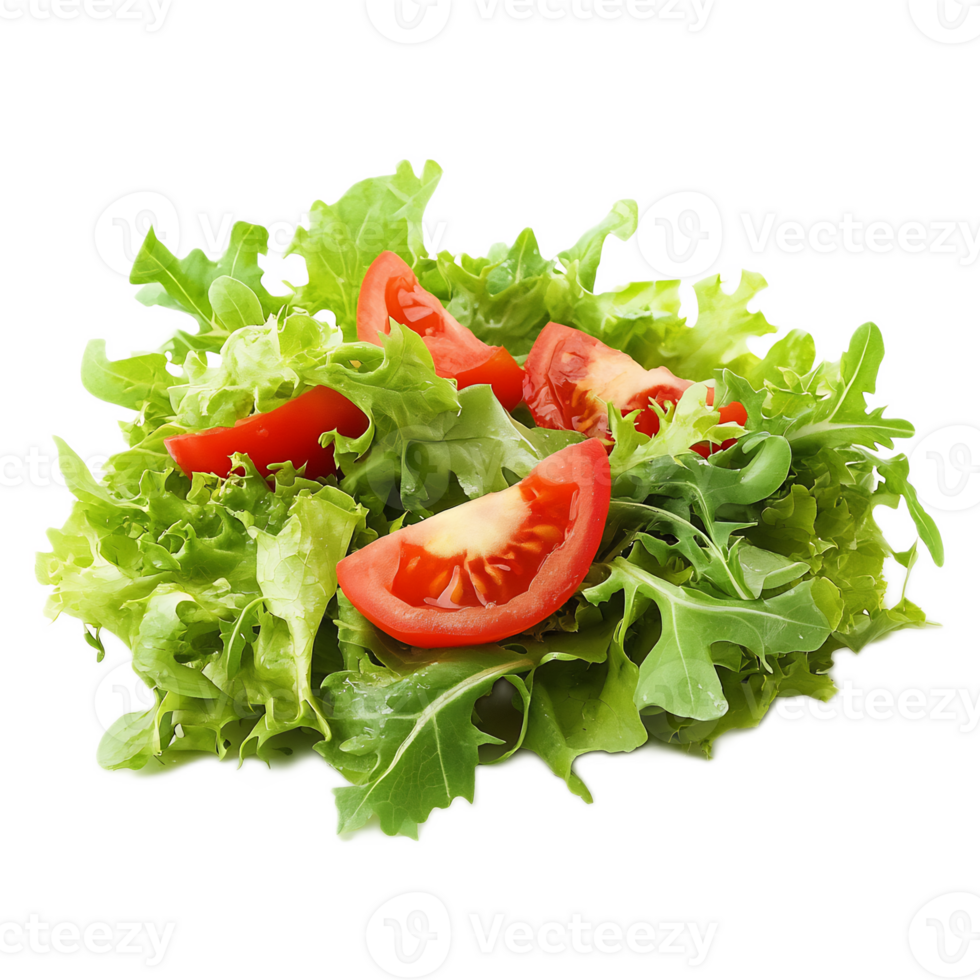 Appetizing fresh green salad with tomato and crisp lettuce on plate for healthy meal or snack png
