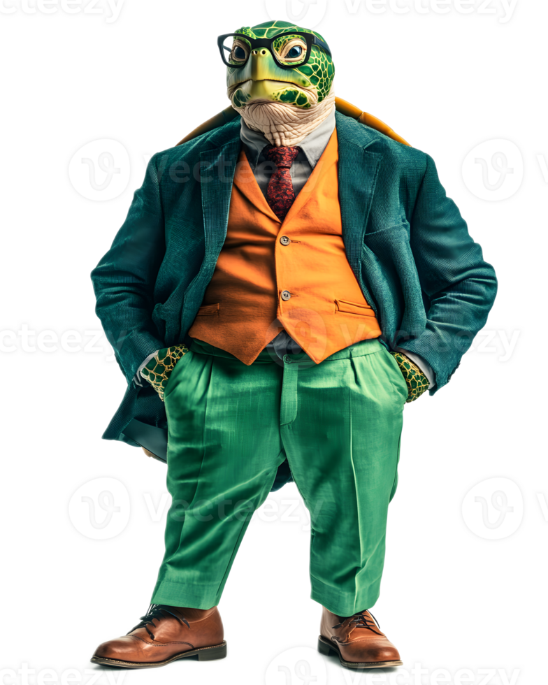 Anthropomorphic Animal in Formal Green Suit with Orange Vest and Bowtie Wearing Glasses png