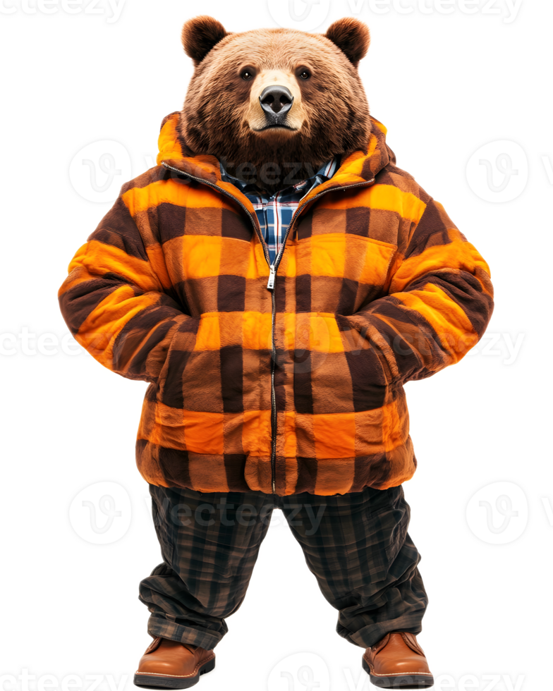 Friendly Anthropomorphic Bear in Plaid Jacket Exploring Wintry Wilderness png