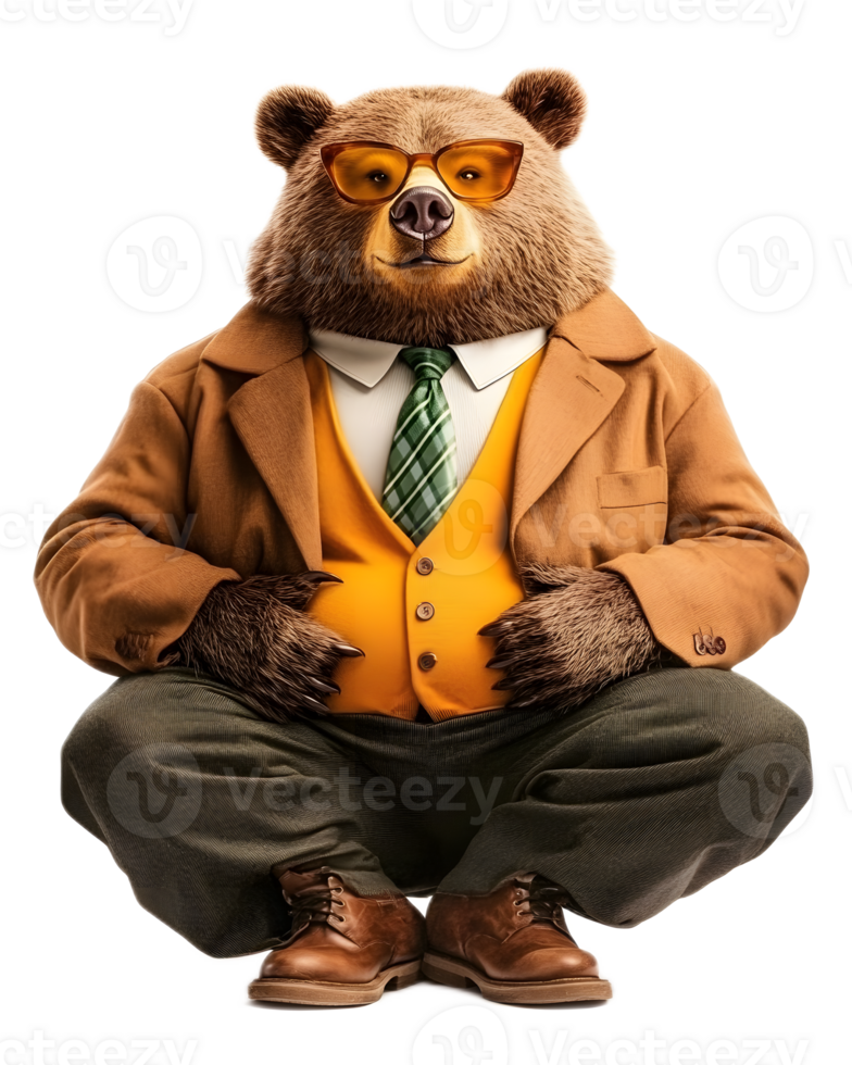 Confident Anthropomorphic Bear in Formal Business Attire with Glasses png