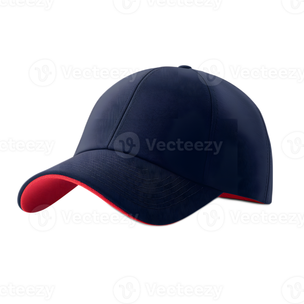 Striking Navy Blue Baseball Cap with Red Trim 3D Render on White Background png