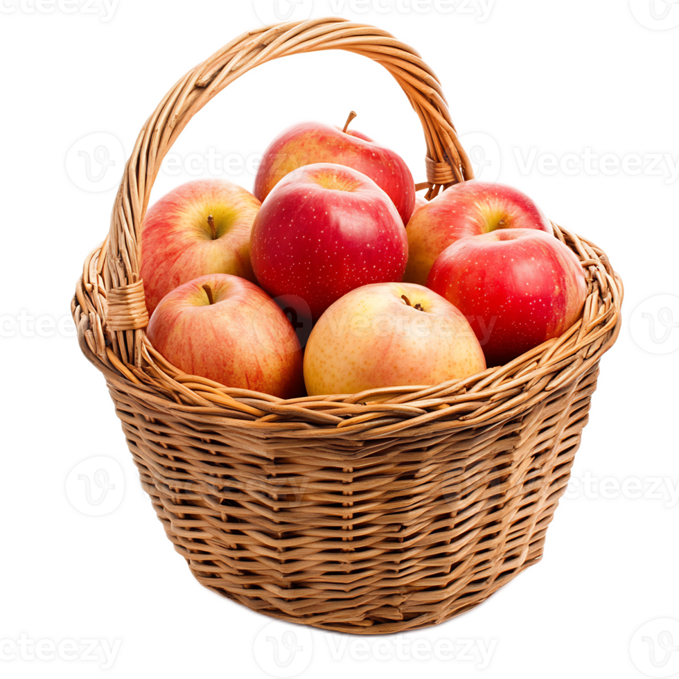 Basket of Freshly Picked Red and Green Apples in Rustic Wicker Container png