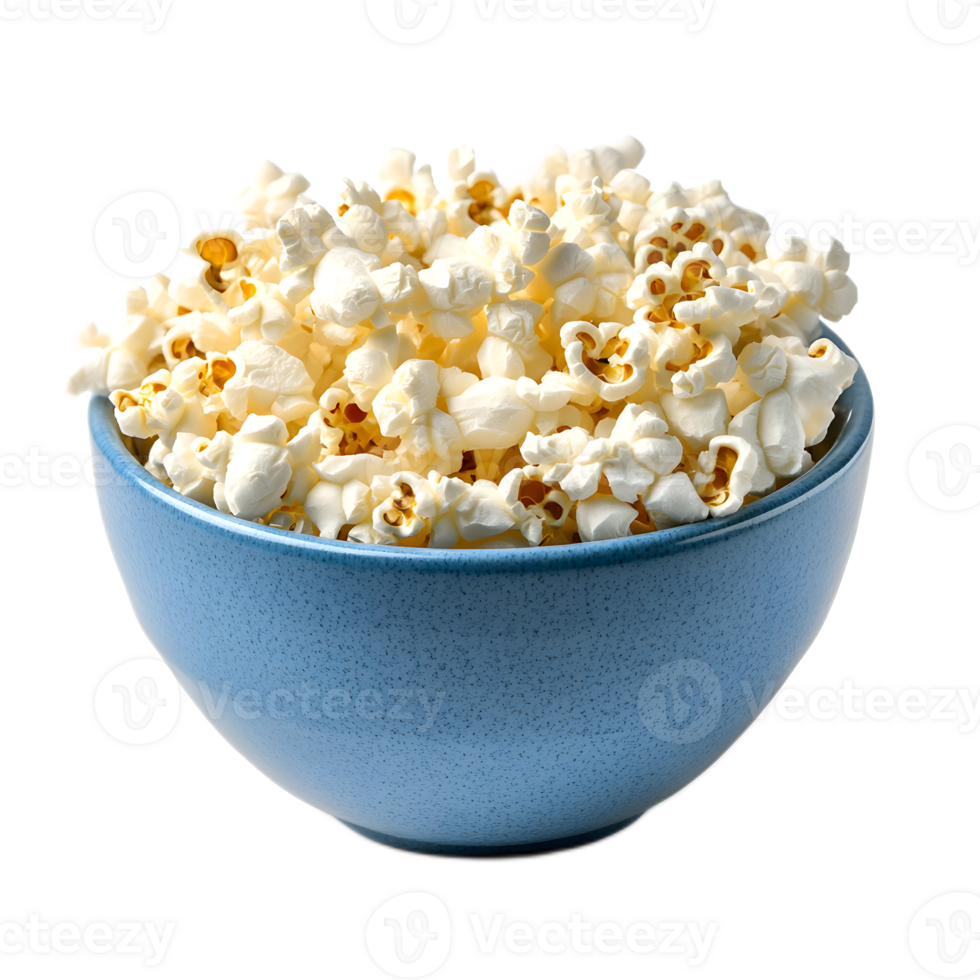 Close up Shot of Freshly Popped Popcorn in a Blue Bowl on a White Background png